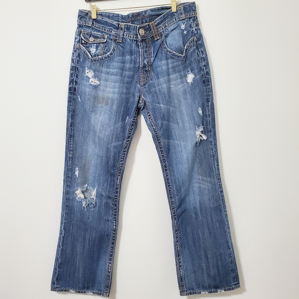MEK Denim Pueblo Boot Cut Button Fly Distressed Jeans 34 Waist